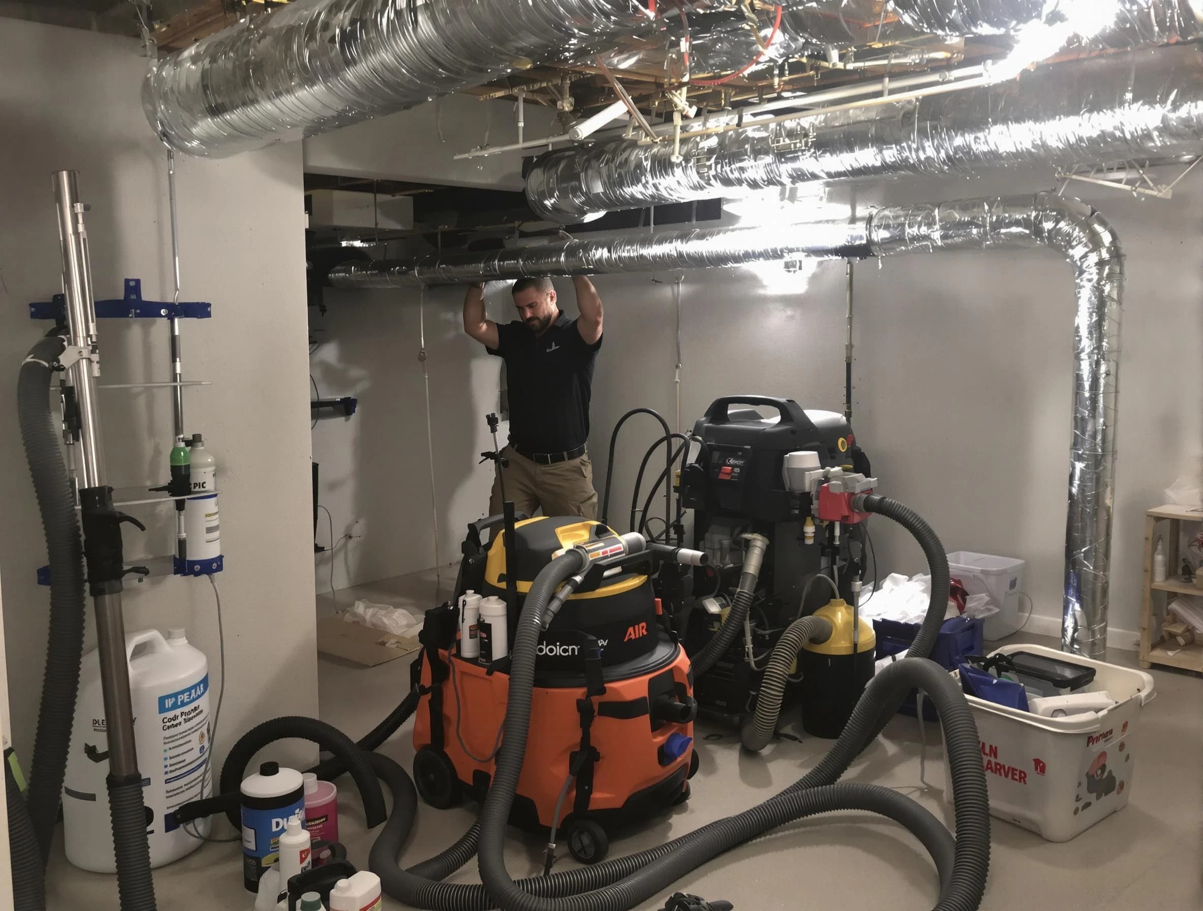 Belmont Air Duct Cleaning specialist performing professional mold removal from air ducts using safety equipment in Belmont