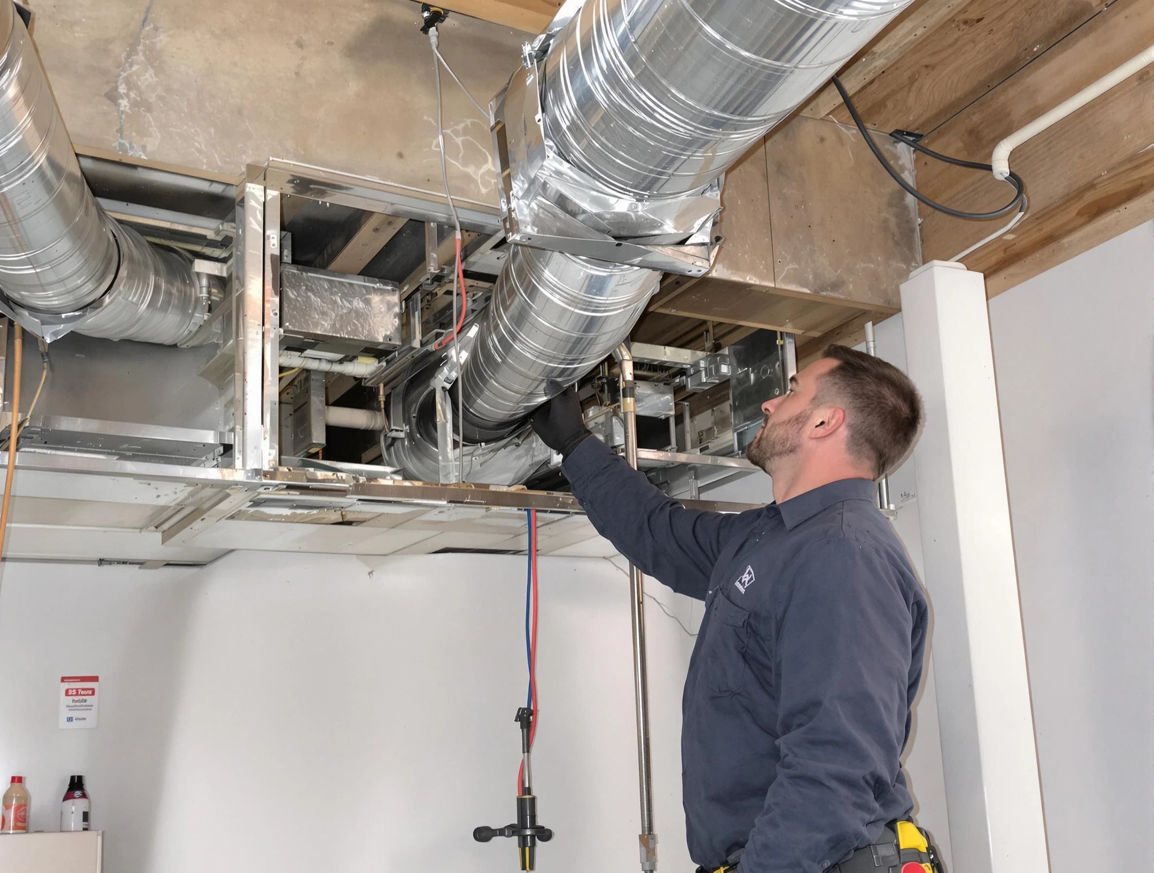 Belmont Air Duct Cleaning technician performing professional air duct repair using specialized tools in Belmont