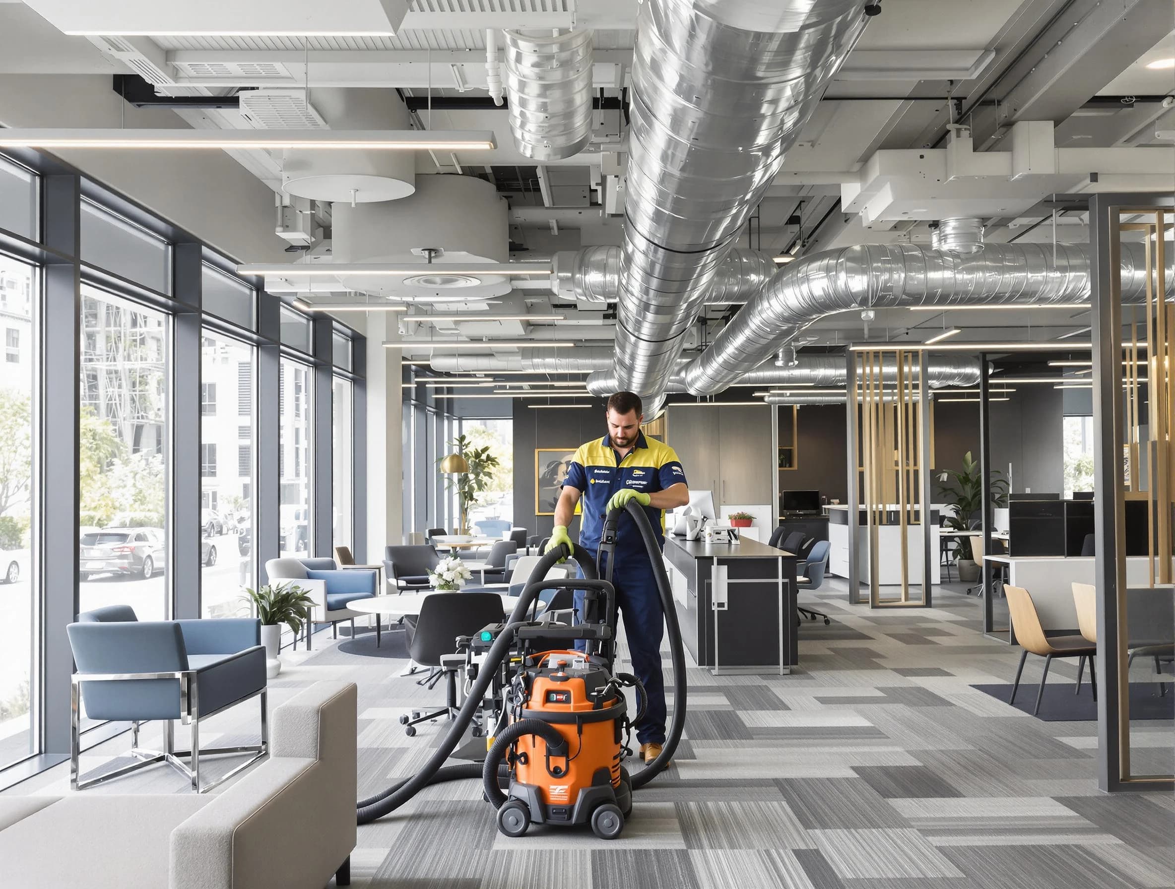 Belmont Air Duct Cleaning team performing thorough commercial duct cleaning at a Belmont business center